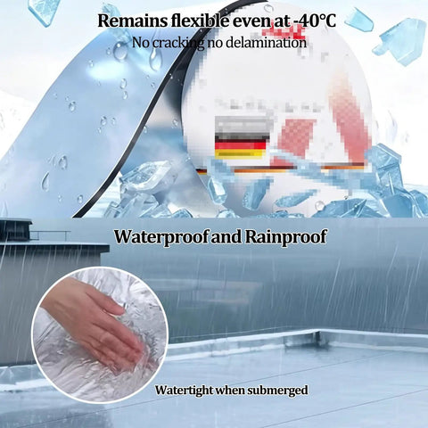 Rock Solid Self Adhesive Roofing Felt Roll Legit Waterproof Membrane Butyl Rubber Flashing Tape For Rv Repair Top Shelf Aluminum Foil Sealant Barrier shown in rainy conditions, demonstrating flexibility and waterproof capability.
