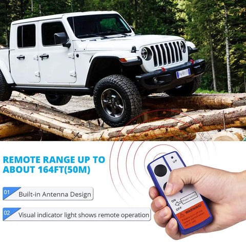 Jeep with 12V 500A Winch Solenoid Relay Contactor Kit and wireless remote, showing remote operation and built-in antenna design.