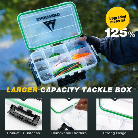 Open tackle box from Waterproof Fishing Backpack With Tackle Boxes, Pliers, Lip Gripper, Lures And Rod Holder showing compartments on water's edge.