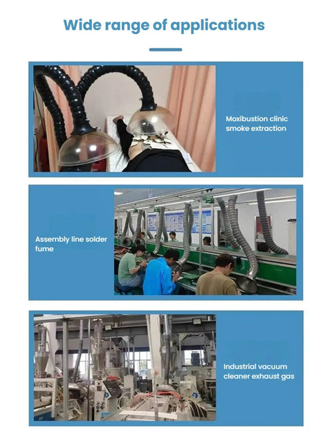 Straight Up Reliable Fume Extraction Arm Featuring 360 Degree Rotatable Articulated Dust Hose With Stainless Steel Hood for smoke extraction in various applications.