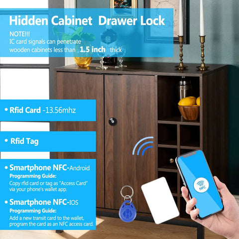 Display of a wooden cabinet with RFID Cabinet Lock With NFC Technology For Double Door Wooden Cabinets And Drawers, keyless access setup.