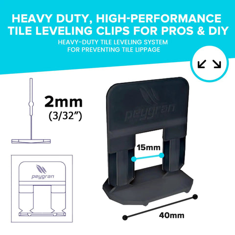 Tile Leveling System Clips And Wedges 2 Mm Black 500 Piece Set with dimensions and specifications.