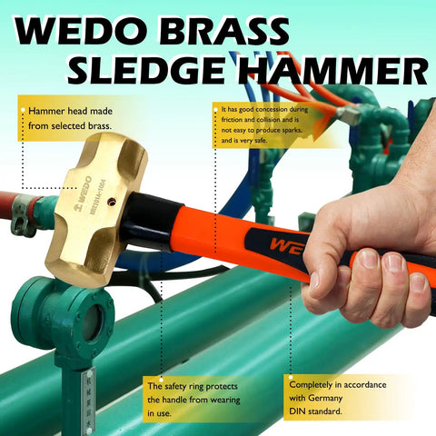 Brass Sledge Hammer With Fiberglass Handle Die Forged And Corrosion Resistant used on industrial pipes; 2 lb, 14 inch, DIN standard.