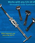 Rear Axle Bearing Puller Tool Set with attachment heads and slide hammer, shown without included slide hammers, works with 5/8-18 UNF.