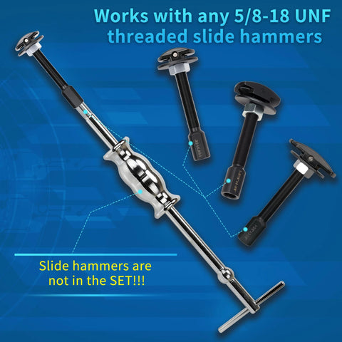 Rear Axle Bearing Puller Tool Set with attachment heads and slide hammer, shown without included slide hammers, works with 5/8-18 UNF.