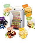 Heavy Duty Commercial Food Dehydrator 18 Trays Stainless Steel Snack Dryer with various dried fruits displayed.