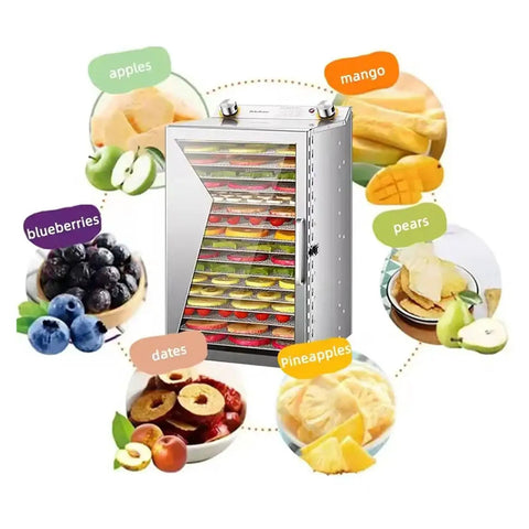 Heavy Duty Commercial Food Dehydrator 18 Trays Stainless Steel Snack Dryer with various dried fruits displayed.