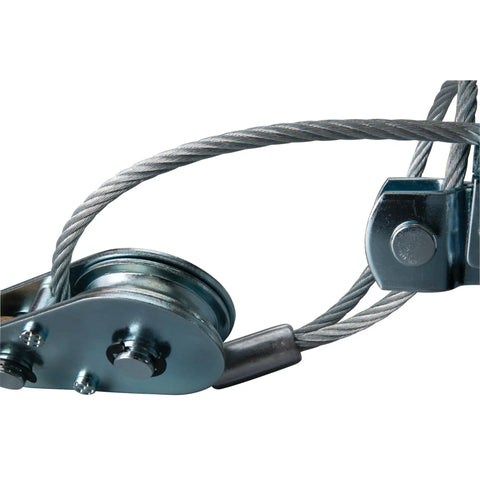 Close-up of cable and pulley on Beast Mode Dual Gear Power Puller 2 Ton Capacity Winch With 6 Foot Aircraft Cable Drop Forged Steel Safety Hooks
