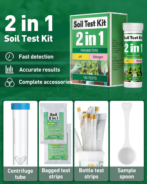 2 In 1 Soil Test Kit For pH And Nitrogen With 150 Strips showing complete test components and packaging