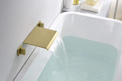 Wall Mount Tub Filler Faucet With Dope Waterfall Flow, Dual Handles, High Flow Rate, Includes Rough-In Valve, Chrome Finish, Solid Brass Construction For A Durable Bathroom Upgrade above tub