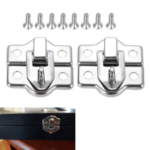 Close-up of 10 Pack Zinc Alloy Key Hasp Lock Toggle Latch For Wooden Boxes with screws, 26x28mm, installed on a box