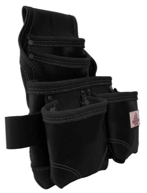 Heavy Duty Leather Tool Pouch Bag For Carpenters And Handymen, Pro Grade With Reinforced Seams, 5 Pockets And 2 Snap Loops