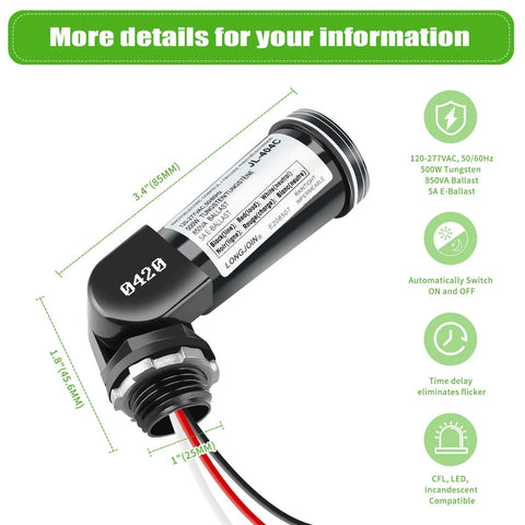 2 Pack Dusk To Dawn Photocell Sensor Switch for Outdoor Lights, close-up with dimensions and auto on off details, UL listed, IP65 weather resistant.