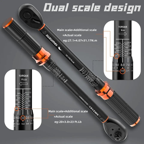 Six Piece Torque Wrench Set With One Half Inch Drive, Three Eighths Inch Drive, And One Quarter Inch Drive, Click Type Wrenches With Plus Or Minus Three Percent Accuracy, Chrome Plated CR-V Steel For Durable Auto Repair And Precise Fastening featuring dual scale design