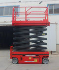 Heavy Duty Electric Hydraulic Lift Platform For Warehouse Vertical Cargo Transfer And Seamless Operation Engineered For Logistics Facilities With Rock Solid High Reach Equipment Handling Built Tough For Daily Grind, red scissor lift in working position.