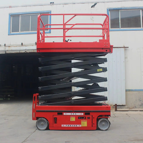 Heavy Duty Electric Hydraulic Lift Platform For Warehouse Vertical Cargo Transfer And Seamless Operation Engineered For Logistics Facilities With Rock Solid High Reach Equipment Handling Built Tough For Daily Grind, red scissor lift in working position.
