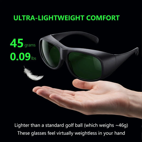 Kickass Laser Safety Glasses 900-1100nm OD8 Plus DIN4 Heavy-Duty Eye Protection Goggles resting in a hand showcasing lightweight comfort.