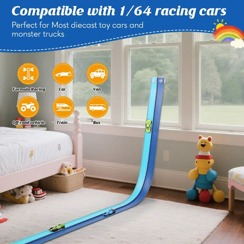 Flexible Race Car Track 15 Ft Starter Set With Suction Cups Compatible With Diecast 1/64 Scale Cars shown on bedroom floor