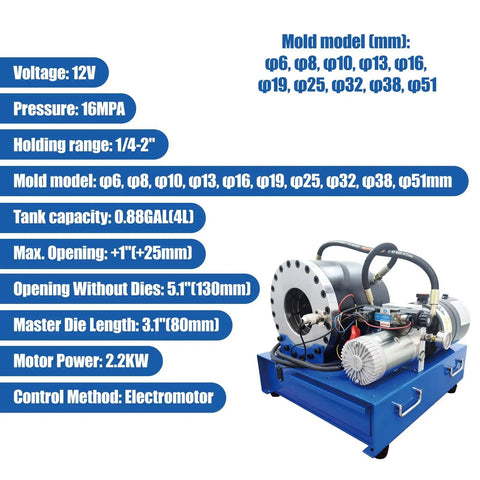 Shop Ready 12v Portable Electric Hydraulic Hose Crimping Machine With Ten Heavy Die Sets Quarter To Two Inch Range Three Hundred Ton Press For Grease Monkey Brake Line Swaps, showing specifications and components.
