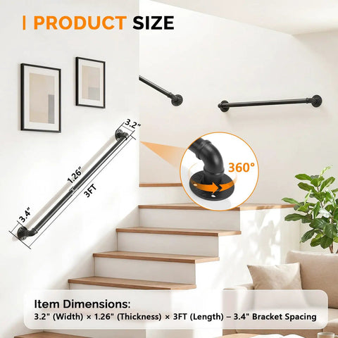 Rock Solid 3 Foot Adjustable Pipe Handrail For Indoor Outdoor Stairs Heavy Duty Wall Mounted Metal Safety Grab Bar Supporting 440 Lbs With No Sweat Setup For Bathrooms And Porches dimensions displayed next to stairs