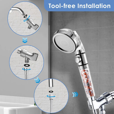 High Pressure Handheld Shower Head Kit With Filter 5ft Hose Bracket And Teflon Tape Purifying Beads For Hard Water Installation Guide