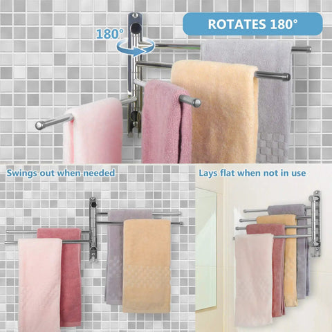 Four Arm Swivel Towel Rack Wall Mount For Bathroom And Kitchen Stainless Steel Rustproof Space Saver with towels hanging.
