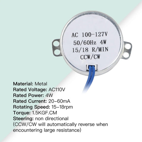 Low RPM Synchronous Electric Motor 15 To 18 RPM AC 110V 50 60Hz 4W Reversible CW CCW 7mm Shaft Diameter With 16mm Shaft Length Compact