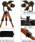Tripod Floor Lamp With Industrial Vintage Vibe, Metal And Wood Finish, tilt and height adjustment details, black and wood
