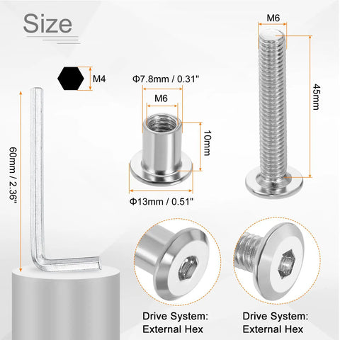 Heavy Duty M6X45MM Hex Drive Socket Cap Bolts With M6 Nuts And M4 Hex Key For Furniture Install and Workshop Builds Zinc Coated Steel Hardware Silver Tone size details and measurements