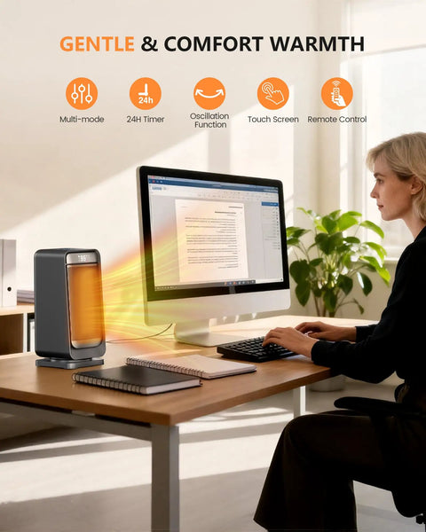 Cozy 1500W Space Heater With Remote, Portable Electric Heater beside computer on office desk with oscillating heating