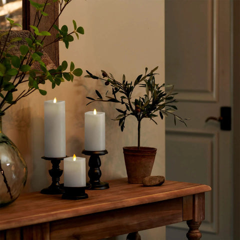 Realistic Flameless LED Candles Set Of 3 With Remote Control Battery Operated Moving Flame Pillars With Timer on wood table