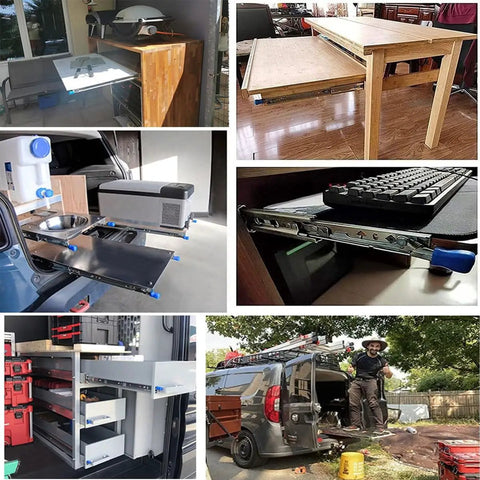 Tough As Nails Heavy Duty Drawer Slides With Ball Bearing Rails And Lock used in various cabinets and workstations for smooth gliding.