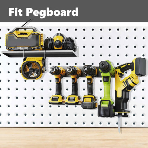 Two Pack Power Tool Drill Holder Wall Mount Organizer Rack Set Heavy Duty Steel Garage Storage For Batteries Bits And Accessories With Prong Hooks That Safely Hold Up To Eight Drills on Pegboard