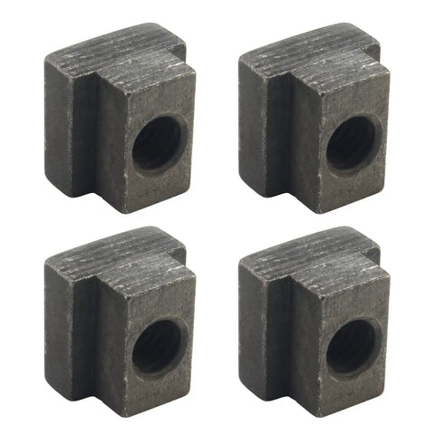 Four metal T-nuts part of the 24 Piece Milling Clamp Kit For Small Milling Machines With 0.305 Inch Table Slots Includes Hold Downs Step Blocks.