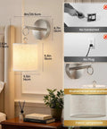 Peel and Stick Sconces Set of 2 Brushed Nickel, Detachable Battery Operated Wall Sconce design with fabric lampshade and dimensions.