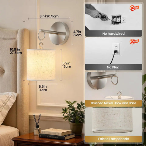 Peel and Stick Sconces Set of 2 Brushed Nickel, Detachable Battery Operated Wall Sconce design with fabric lampshade and dimensions.