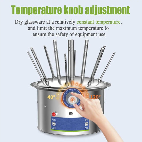 Temperature knob adjustment on Top Tier 800W Lab Airflow Dryer Electric Drying Rack for lab glassware cleaning.