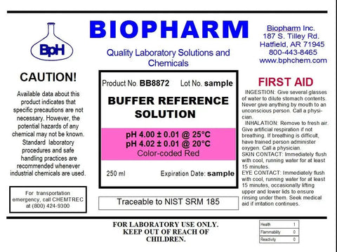 PH Calibration Buffer Set 4.00 7.00 10.00 3 Pack, 250 mL Bottles, NIST Calibrated Color Coded, Lot Numbered and Expiration Dated, Lab Grade for Pharma Pros, Academic, Research and Industrial Labs label showing pH 4.00 buffer details.