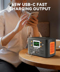 Portable Power Station Solar Generator 260W Continuous 500W Peak with 65W USB C PD Fast Charge displayed on table