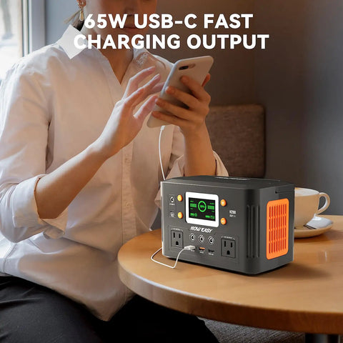 Portable Power Station Solar Generator 260W Continuous 500W Peak with 65W USB C PD Fast Charge displayed on table