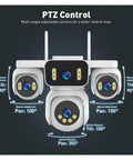4-Lens Wireless IP Camera 20MP Quad-Split View Boasts Badass Clarity To Your Fortress With 12X Optical Zoom 360 Panning Tilting For Total Oversight WiFi Alerts Strike Hard While Quad Screens Send Feeds Zero Slipping By In Loaded Security Rig showing multi-angle PTZ control with adjustable tilt and pan options.