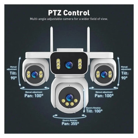 4-Lens Wireless IP Camera 20MP Quad-Split View Boasts Badass Clarity To Your Fortress With 12X Optical Zoom 360 Panning Tilting For Total Oversight WiFi Alerts Strike Hard While Quad Screens Send Feeds Zero Slipping By In Loaded Security Rig showing multi-angle PTZ control with adjustable tilt and pan options.