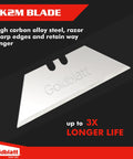 Premium Tempered SK2M Utility Blades 100 Pack With Dual Dispenser for Easy One Pull or Five Blade Access Ultra Durable Double Honed Edges for Long Lasting Sharp Cuts in Pro Jobs, single blade detail