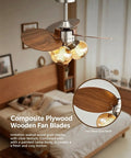 YPDJVLTI Ceiling Fans Lights Children's LED Fandelier with walnut wood grain blades and glass light bulbs.