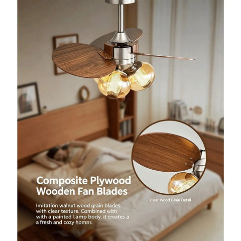 YPDJVLTI Ceiling Fans Lights Children's LED Fandelier with walnut wood grain blades and glass light bulbs.