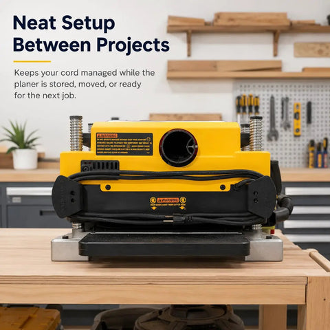 Kick Ass Screw Mount Power Cable Bracket For Dewalt DW735 Woodworking Planer managing cord in neat storage setup between projects.