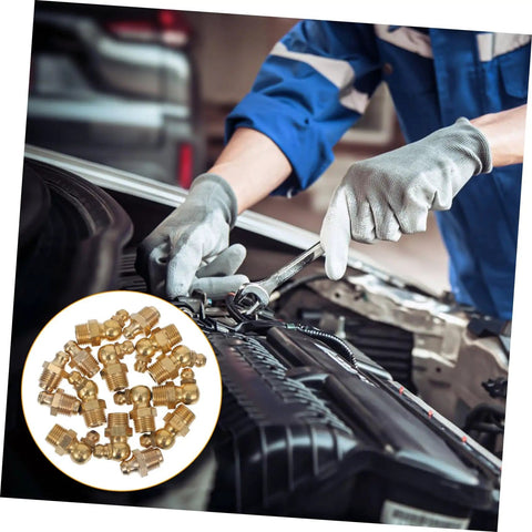 Mechanic using Grease Fitting Kit Zerk Fittings Assortment SAE Straight And Angled Nozzles Brass Construction for automotive greasing