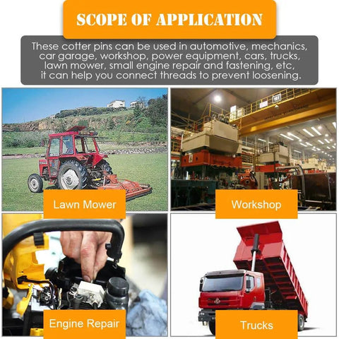 Applications of Pro Grade Cotter Pin Clip Fastener Kit With 110 Pieces In Six Sizes For Automotive And Small Engine Repair 304 Stainless Steel Pins In Durable Transparent Storage Box Rustark, including lawn mowers and trucks.