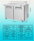 Straight Up Heavy Duty 60 Inch Stainless Steel Refrigerated Sandwich Prep Table With Two Doors and Ample Cold Storage, side view with dimensions.