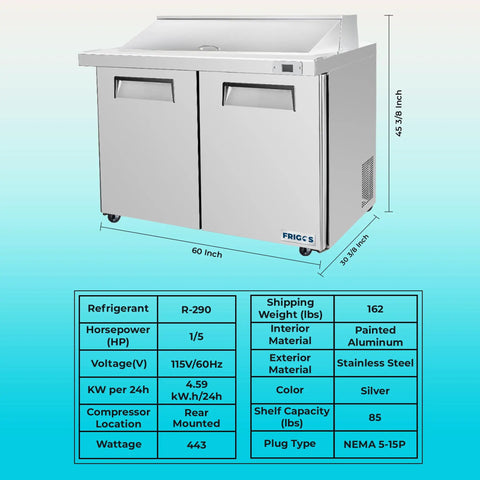 Straight Up Heavy Duty 60 Inch Stainless Steel Refrigerated Sandwich Prep Table With Two Doors and Ample Cold Storage, side view with dimensions.